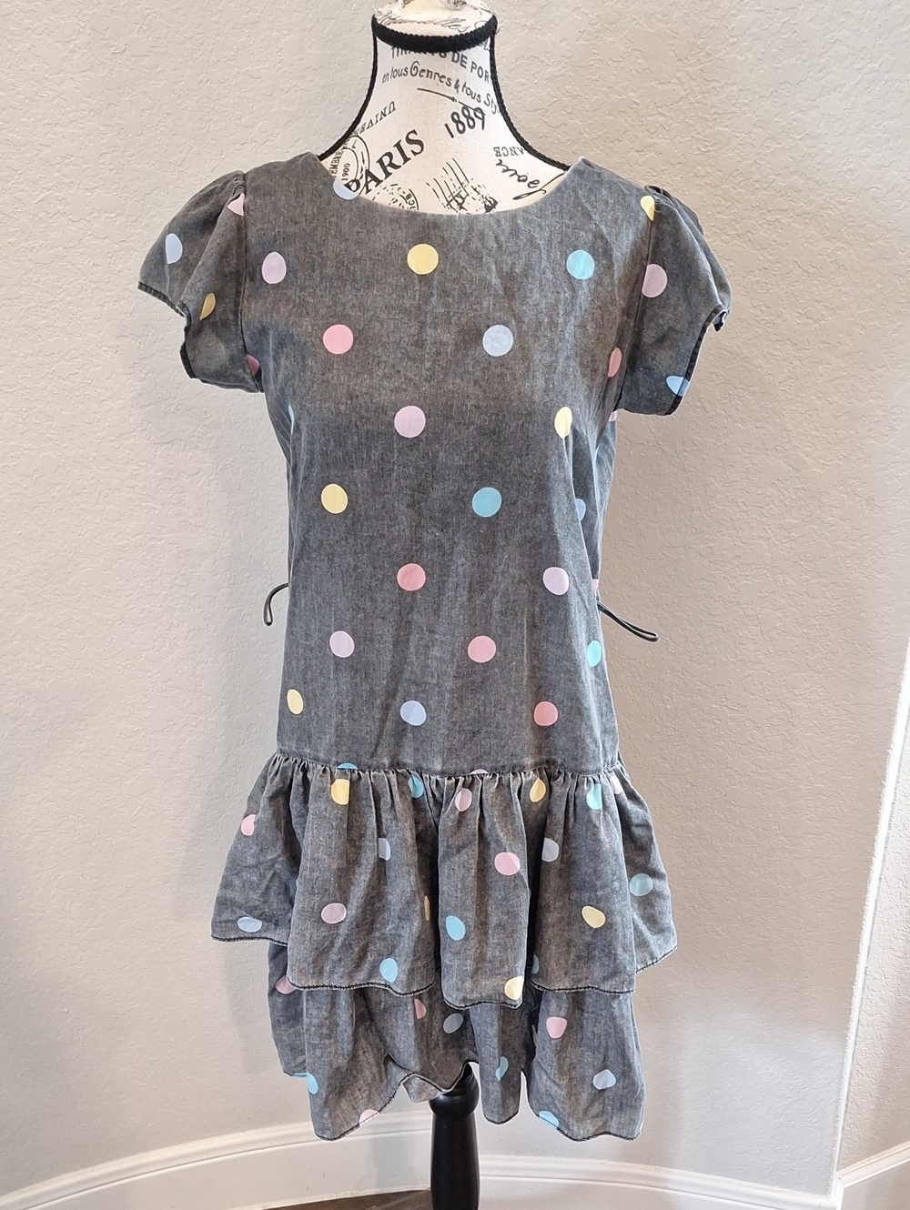 Vintage 80s Polka dot Tiered Party Dress by It's My Turn in Washed Black Size L